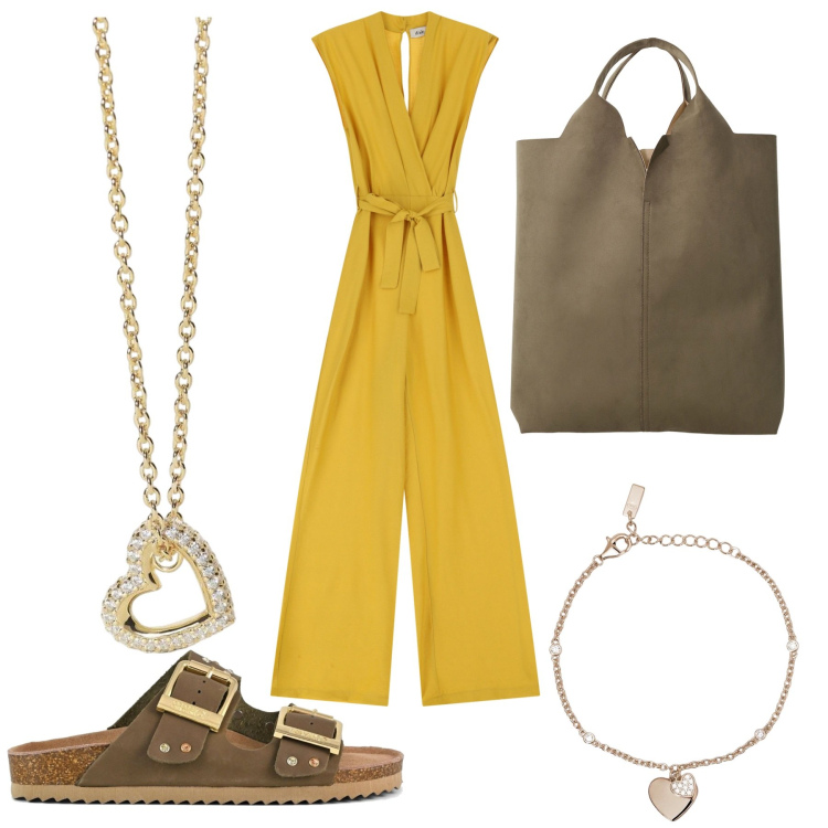 Outfit donna - Positano Mode. Stile Casual chic per Serata fuori. Abbinamento con braccialetti con ciondoli, collane, tute, shopping bag, sandali.
