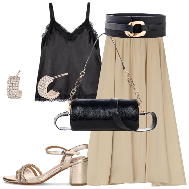 Outfit donna - Total look #2190388. Stile Casual chic per Serata fuori. Abbinamento con cinture, orecchini, borse a mano, gonne lunghe, canottiere, sandali in pelle.