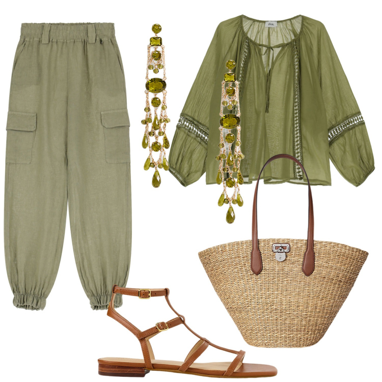 Outfit donna - Total look #2190395. Stile Chic per Mare. Abbinamento con pantaloni, camicie, orecchini, sandali, borse tote.