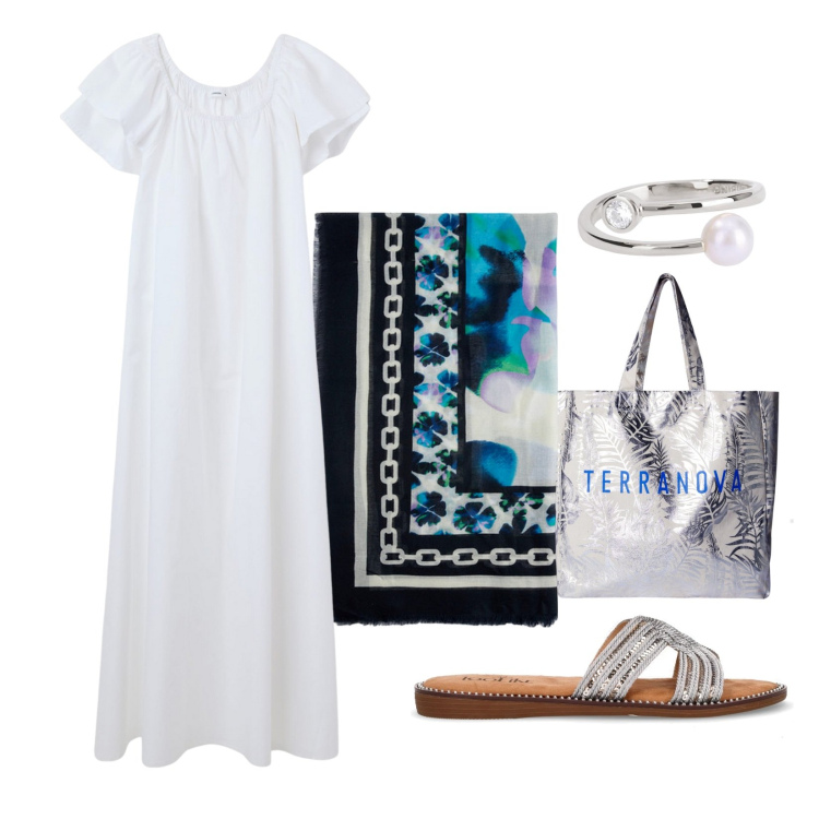 Outfit donna - Curvy in White!. Stile Minimal per Serata fuori. Abbinamento con borse tote, vestiti lunghi, anelli, foulard, ciabatte.