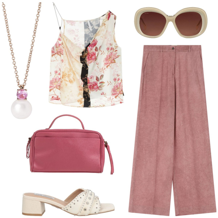Outfit donna - In città. Stile Casual chic per Tutti i giorni. Abbinamento con occhiali da sole, borse a mano, sandali col tacco, collane, pantaloni a palazzo, top.