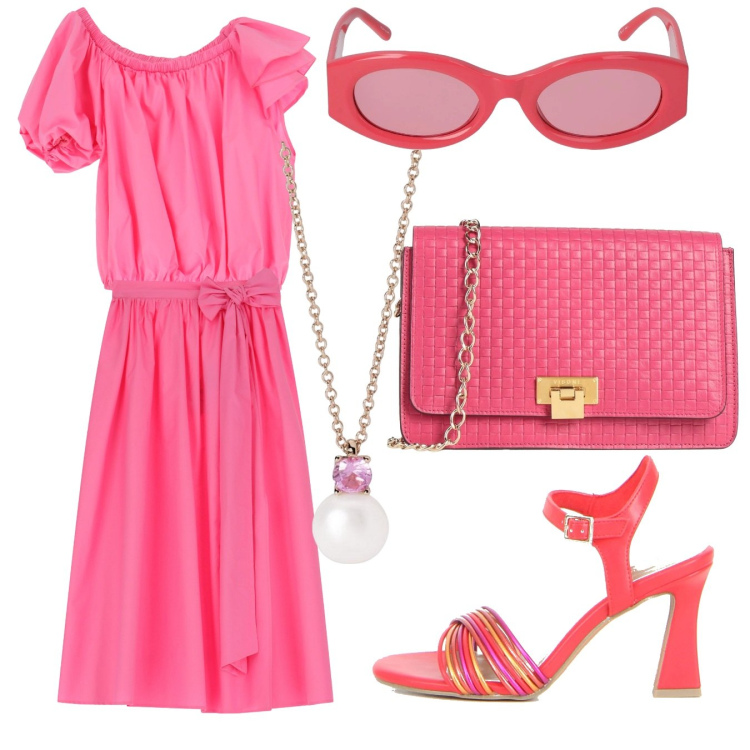 Outfit donna - Shopping vacaziero. Stile Boho per Mare. Abbinamento con borse a tracolla, collane, top, gonne lunghe, sandali col tacco, occhiali da sole.