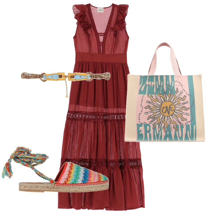 Outfit donna - In vacanza. Stile Casual per Tutti i giorni. Abbinamento con espadrillas, cinture, vestiti lunghi, shopping bag.