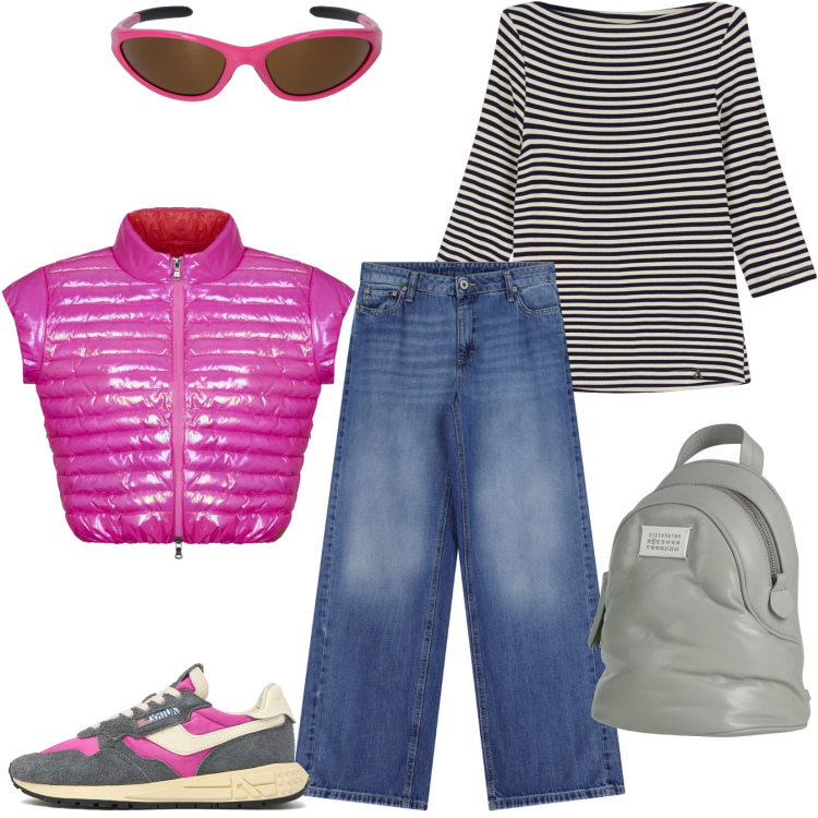 Outfit donna - Passeggiata nel bosco. Stile Casual per Tutti i giorni. Abbinamento con zaini, jeans, t-shirt, blazer, sneakers, occhiali da sole.