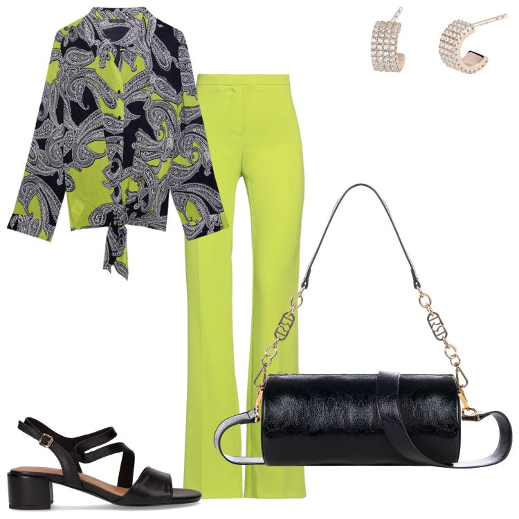 Outfit donna - Troppo glamour. Stile Glamour per Serata fuori. Abbinamento con pantaloni, orecchini, borse a mano, sandali col tacco, bluse.