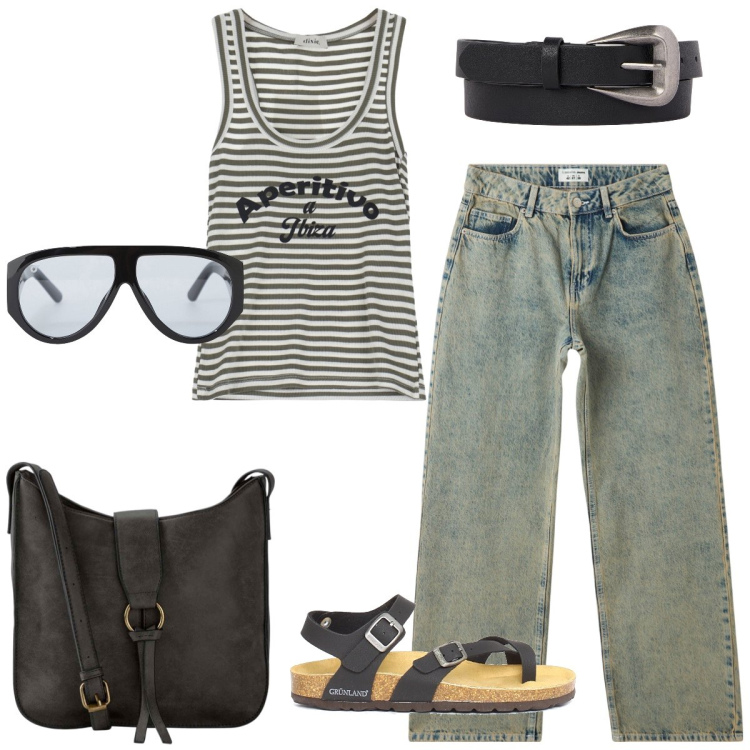 Outfit donna - Estate in città. Stile Urban per Tutti i giorni. Abbinamento con borse a tracolla, jeans, occhiali da sole, canottiere, cinture, ciabatte.