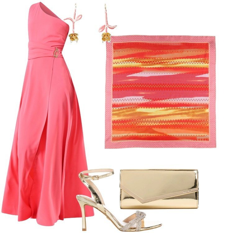 Outfit donna - Total look #2190424. Stile Glamour per Cerimonia. Abbinamento con orecchini, vestiti asimmetrici, sandali col tacco, foulard, pochette.