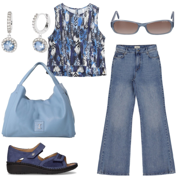 Outfit donna - In città. Stile Casual per Tutti i giorni. Abbinamento con orecchini, top, pochette, jeans, sandali, occhiali da sole.