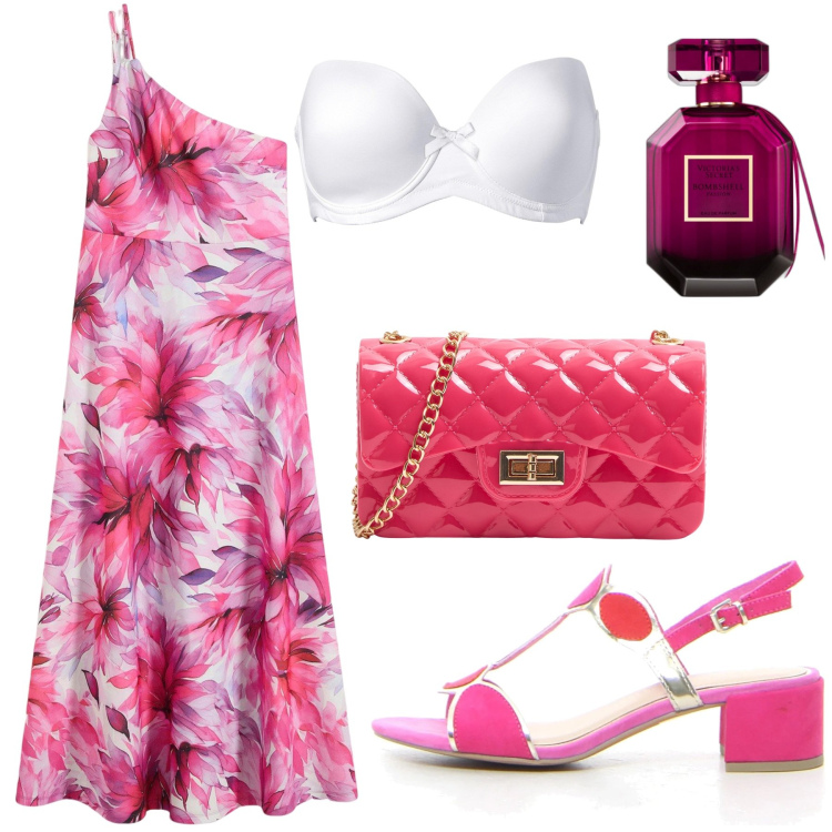 Outfit donna - Vestito fucsia. Stile Glamour per Tutti i giorni. Abbinamento con reggiseni, vestiti asimmetrici, profumi, borse a tracolla, sandali col tacco.