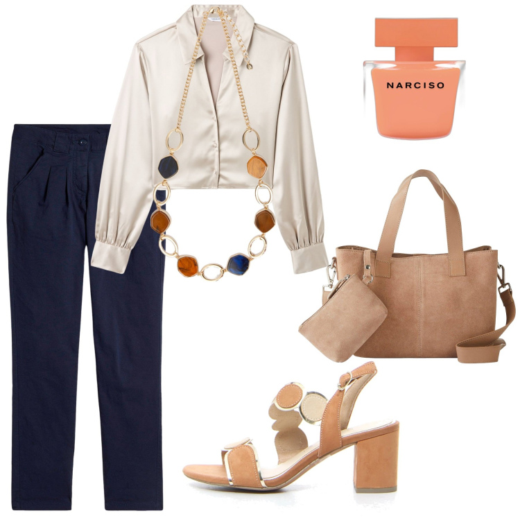 Outfit donna - Ufficio. Stile Trendy per Ufficio. Abbinamento con pantaloni chino, borse a mano, profumi, camicie, collane, sandali col tacco.