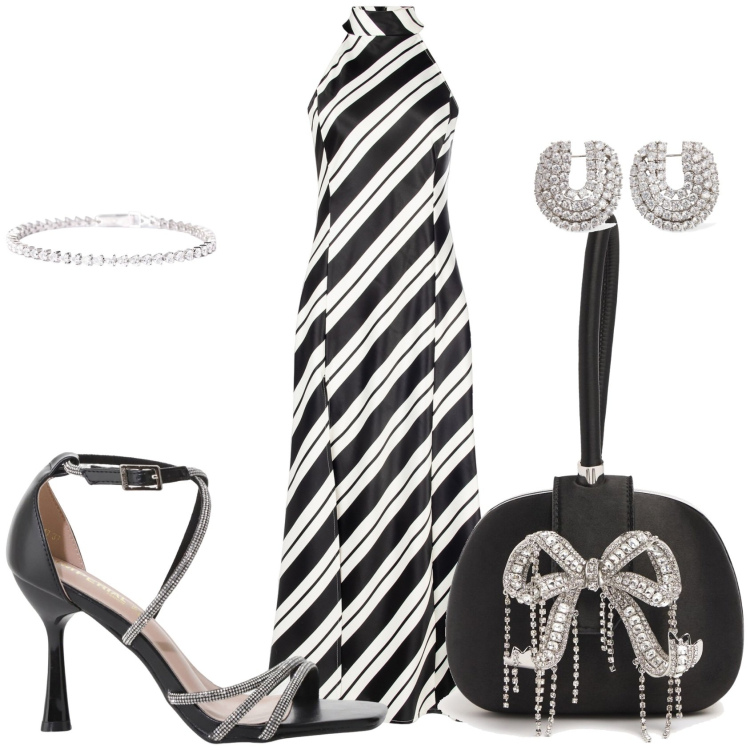Outfit donna - Evento serale. Stile Chic per Serata fuori. Abbinamento con braccialetti, vestiti, sandali col tacco, pochette, orecchini.