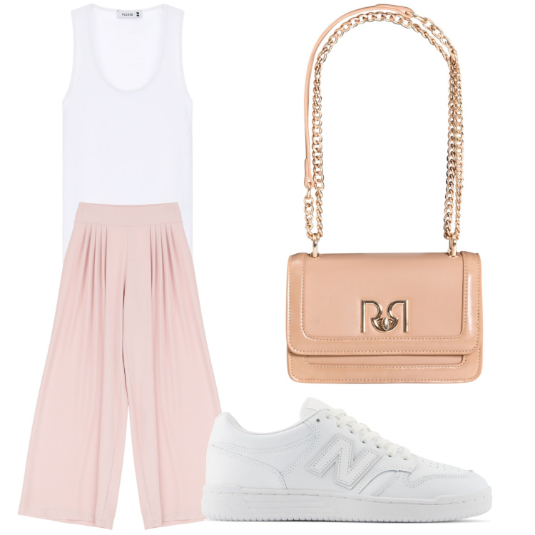 Outfit donna - Aperitivo. Stile Trendy per Tutti i giorni. Abbinamento con sneakers, borse a tracolla, pantaloni a palazzo, top.