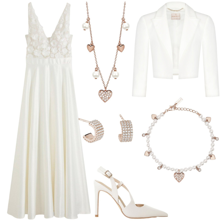 Outfit donna - Sposa a giugno. Stile Chic per Cerimonia. Abbinamento con vestiti, braccialetti, orecchini, collane, bolero, décolleté.