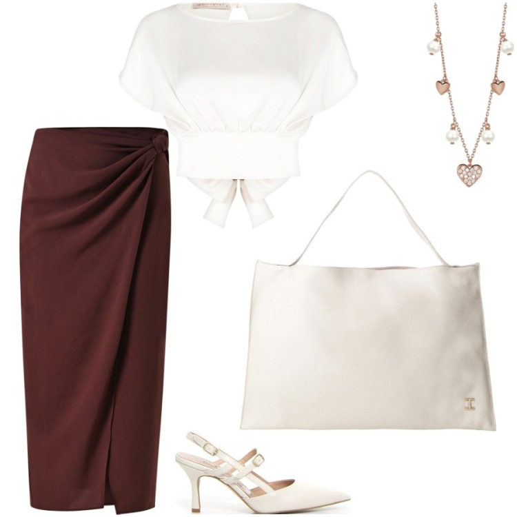 Outfit donna - Ad una mostra d\'arte. Stile Chic per Serata fuori. Abbinamento con borse a spalla, collane, gonne longuette, bluse, décolleté.