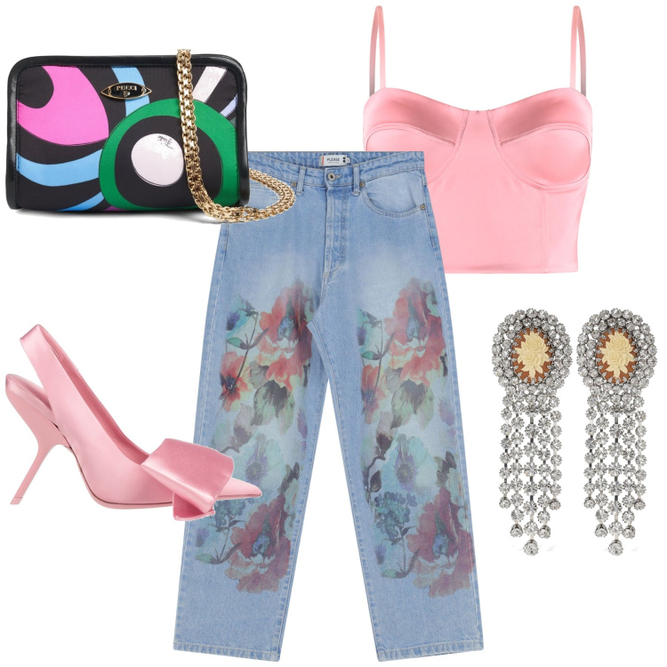 Outfit donna - Pennellate. Stile Glamour per Serata fuori. Abbinamento con décolleté, canottiere, jeans dritti, orecchini, pochette.