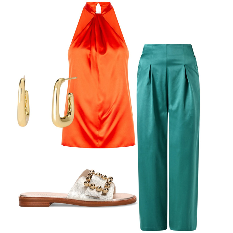 Outfit donna - Total look #2190472. Stile Casual chic per Serata fuori. Abbinamento con orecchini, top, pantaloni, ciabatte.