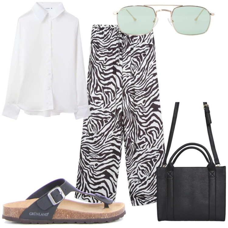 Outfit donna - Look da viaggio leggero: finalmente in v. Stile Trendy per Tutti i giorni. Abbinamento con pantaloni, camicie, borse tote, occhiali da sole, infradito.