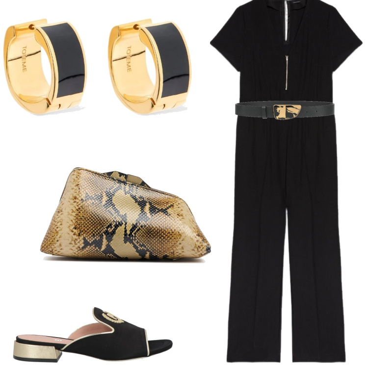 Outfit donna - Curvy chic. Stile Chic per Serata fuori. Abbinamento con cinture, sandali in pelle, tute, pochette, orecchini.
