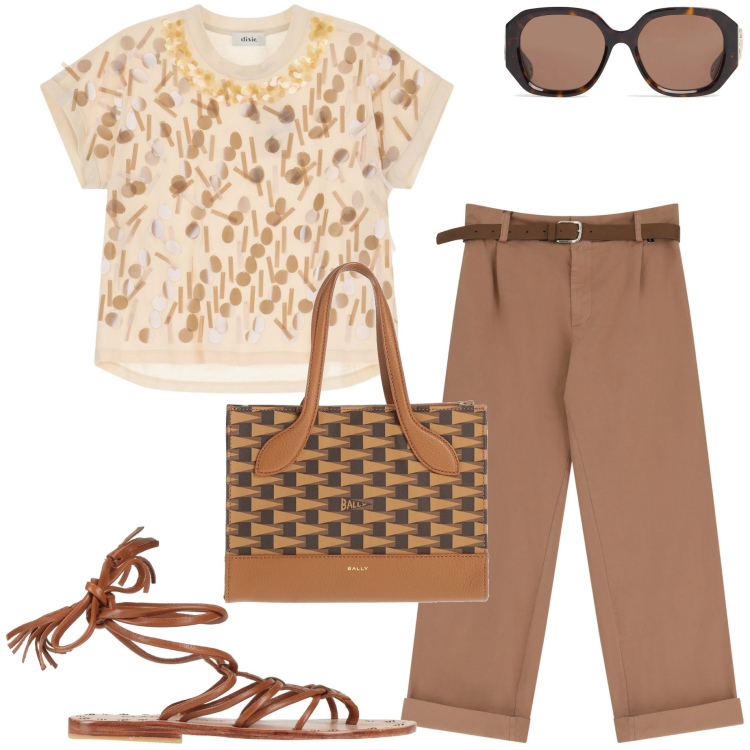 Outfit donna - In ufficio. Stile Casual chic per Ufficio. Abbinamento con borse a mano, infradito, t-shirt, pantaloni chino, occhiali da sole.