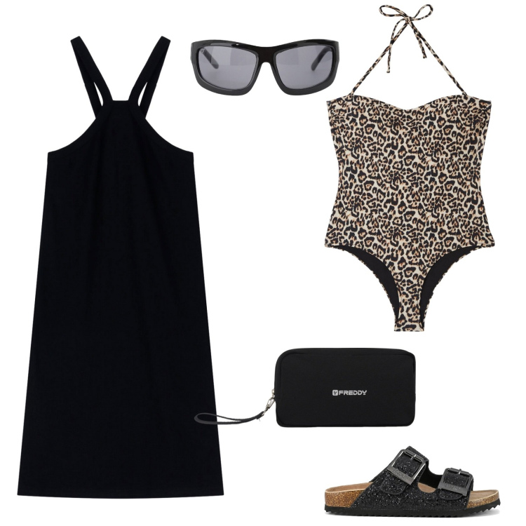 Outfit donna - Vacanze forti. Stile Basic per Mare. Abbinamento con costumi interi, occhiali da sole, valigie, vestiti corti, sandali.