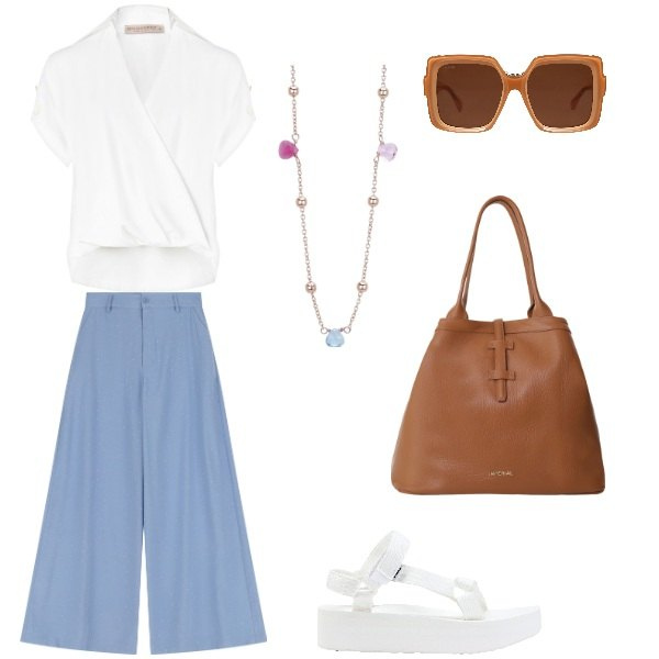 Outfit donna - in citta. Stile Sporty chic per Tutti i giorni. Abbinamento con sandali, occhiali da sole, borse tote, collane, bluse, pantaloni.