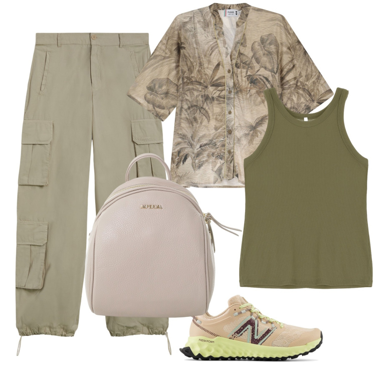 Outfit donna - Look da viaggio con toni naturali. Stile Casual per Tutti i giorni. Abbinamento con zaini, canottiere, sneakers, camicie a manica corta, pantaloni cargo.