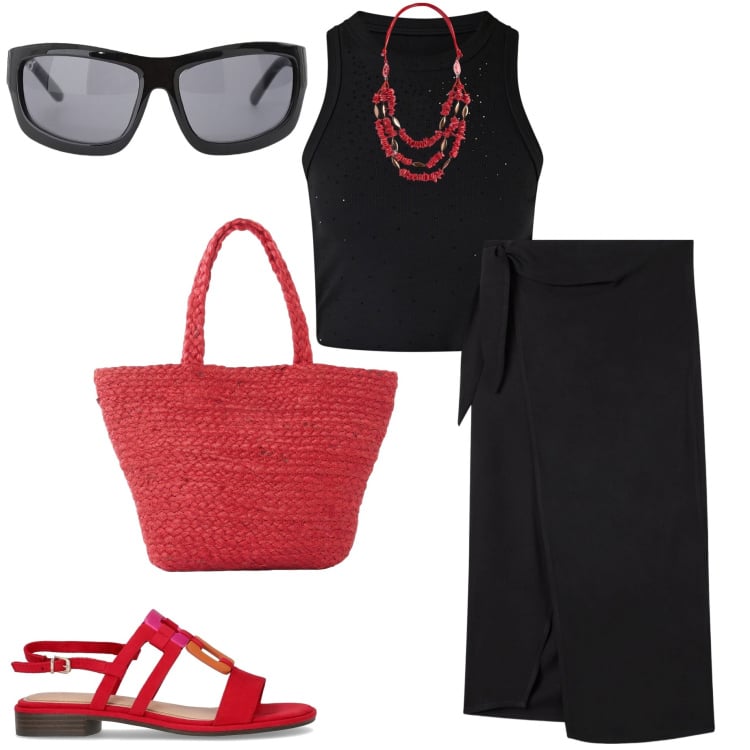 Outfit donna - Casual chic. Stile Casual chic per Ufficio. Abbinamento con shopping bag, gonne lunghe, top, occhiali da sole, sandali, collane.