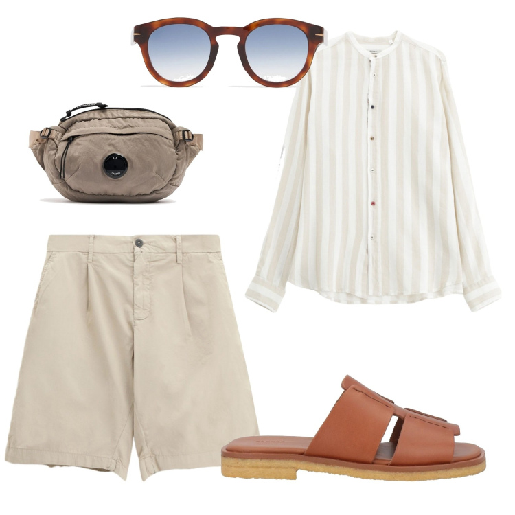 Outfit uomo - Estate. per Tutti i giorni. Abbinamento con sandali, camicie, bermuda, occhiali da sole, borse sportive.