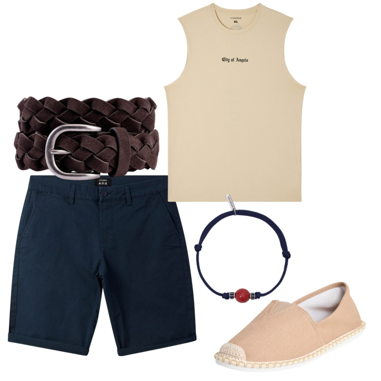 Outfit uomo - Caldo ma con stile. per Tutti i giorni. Abbinamento con bermuda, canottiere, espadrillas, braccialetti, cinture.