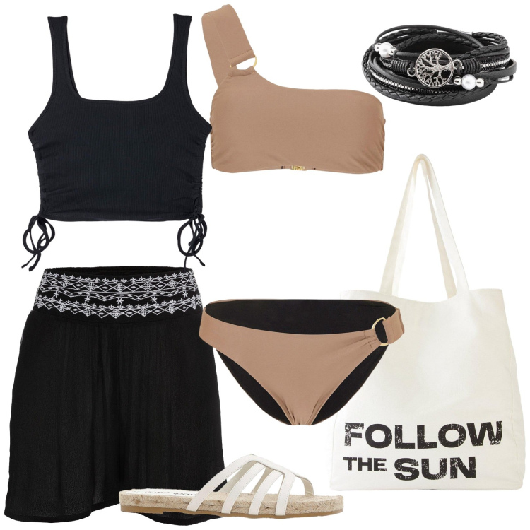 Outfit donna - Mono spalla. Stile Etnico per Mare. Abbinamento con shorts, ciabatte, braccialetti, bikini, shopping bag, canottiere.