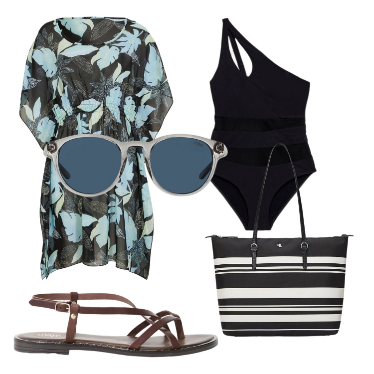 Outfit donna - A mare con eleganza. Stile Chic per Mare. Abbinamento con vestiti da spiaggia, sandali, occhiali da sole, borse tote, costumi interi.