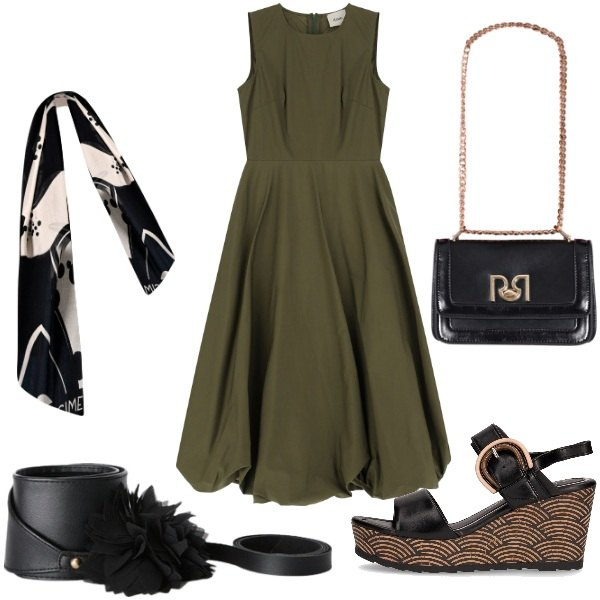 Outfit donna - A cena fuori. Stile Casual chic per Serata fuori. Abbinamento con borse a tracolla, sciarpe, vestiti midi/longuette, sandali col tacco, cinture.