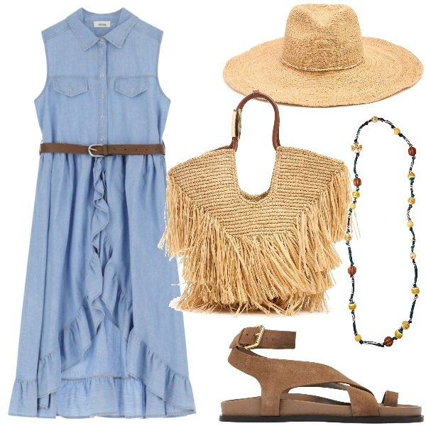 Outfit donna - Summer boho. Stile Boho per Mare. Abbinamento con collane, vestiti senza maniche, sandali in pelle, borse tote, cappelli.