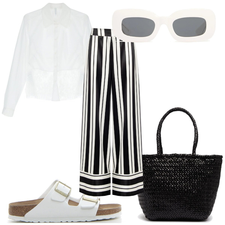 Outfit donna - Total look #2190573. Stile Trendy per Tutti i giorni. Abbinamento con pantaloni a palazzo, camicie, ciabatte, borse a secchiello, occhiali da sole.