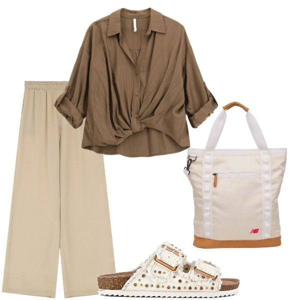 Outfit donna - A spasso per la città. Stile Casual per Tutti i giorni. Abbinamento con shopping bag, pantaloni a palazzo, camicie, sandali.
