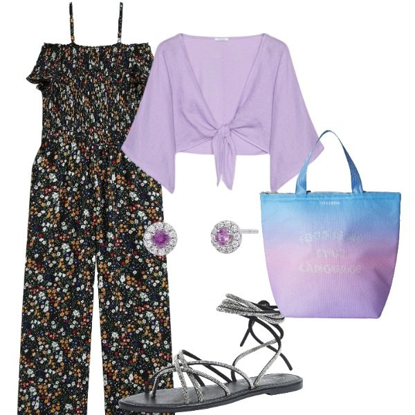 Outfit donna - Passeggiata al mare. Stile Casual per Serata fuori. Abbinamento con tute, sandali alla schiava, borse tote, orecchini, bolero.