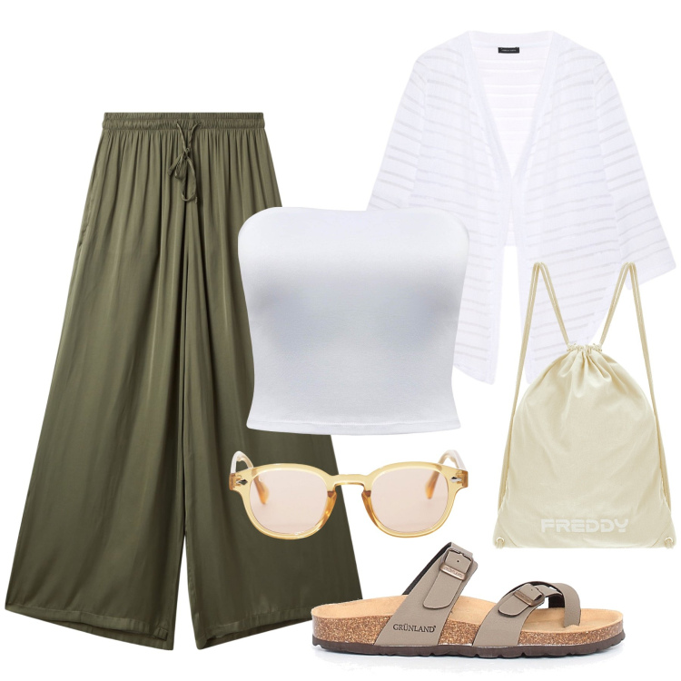 Outfit donna - Si parte!!!. Stile Casual chic per Tutti i giorni. Abbinamento con pantaloni a palazzo, top, occhiali da sole, zaini, bolero, infradito.