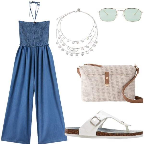 Outfit donna - In giro a fare shopping. Stile Casual per Tutti i giorni. Abbinamento con infradito, borse a tracolla, tute, occhiali da sole, ciondoli.