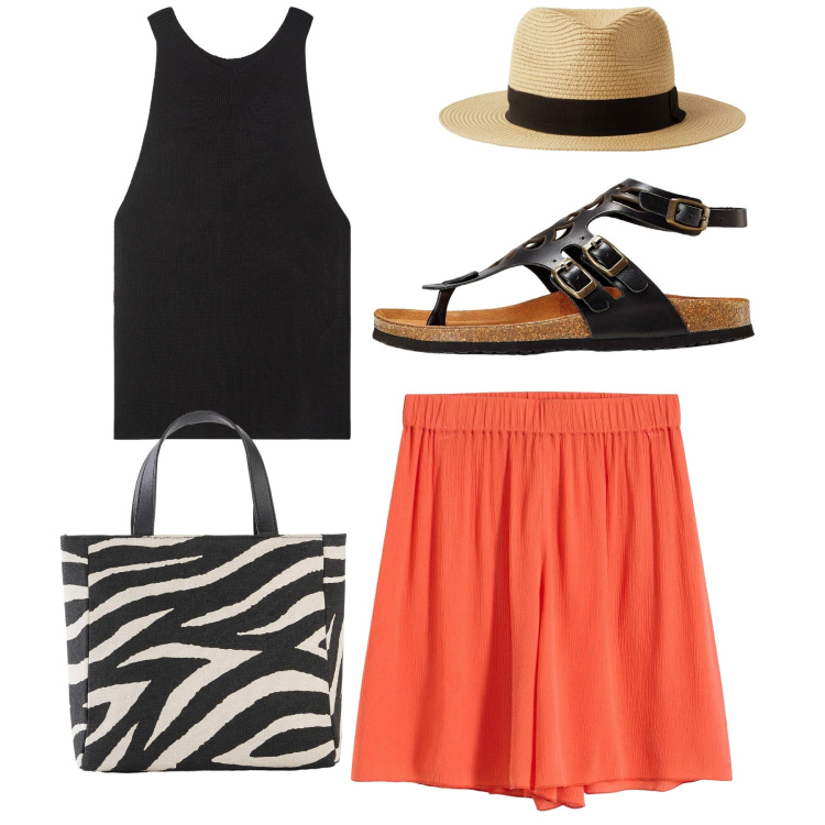 Outfit donna - Totalook. Stile Bon Ton per Tutti i giorni. Abbinamento con borse a mano, sandali in pelle, shorts, top, cappelli.