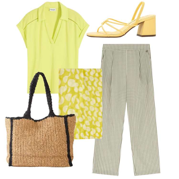 Outfit donna - Totalook. Stile Bon Ton per Tutti i giorni. Abbinamento con polo, sandali col tacco, shopping bag, pantaloni, stole.