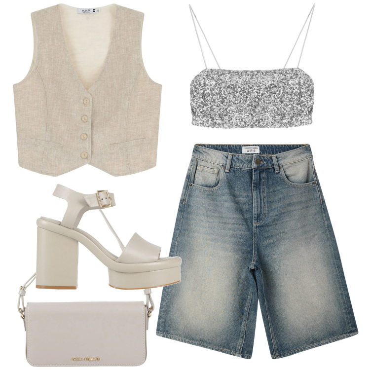 Outfit donna - Serata. Stile Casual chic per Serata fuori. Abbinamento con borse a mano, sandali in pelle, bermuda, gilet, top.