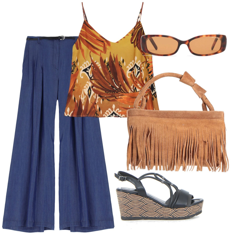 Outfit donna - Frange e fantasia. Stile Etnico per Ufficio. Abbinamento con borse a mano, canottiere, pantaloni, sandali in pelle, occhiali da sole.