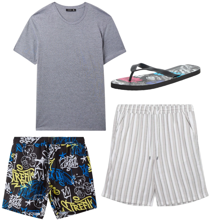 Outfit uomo - Mare. Stile Casual per Mare. Abbinamento con costumi, pantaloni corti, sandali, t-shirt.