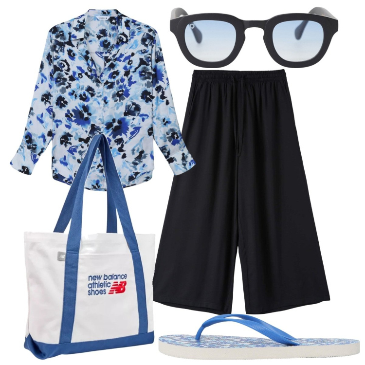 Outfit donna - Total look #2190656. Stile Trendy per Tutti i giorni. Abbinamento con pantaloni a palazzo, camicie, infradito, shopping bag, occhiali da sole.