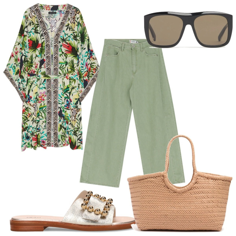 Outfit donna - Total look #2190659. Stile Trendy per Tutti i giorni. Abbinamento con pantaloni a palazzo, caftani, ciabatte, shopping bag, occhiali da sole.