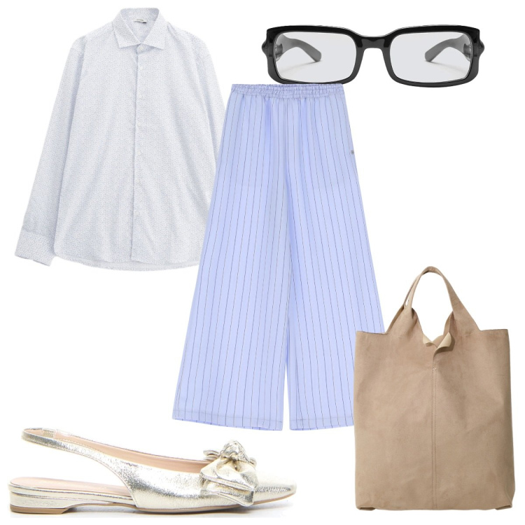Outfit donna - Total look #2190662. Stile Trendy per Tutti i giorni. Abbinamento con pantaloni a palazzo, camicie, shopping bag, occhiali, sandali in pelle.