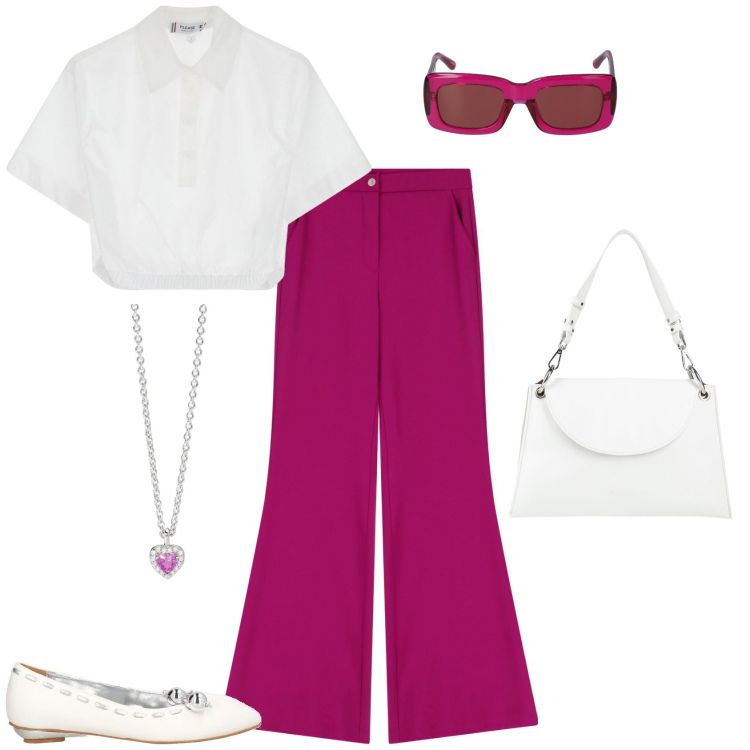 Outfit donna - Total look #2190663. Stile Chic per Ufficio. Abbinamento con borse a mano, ballerine, ciondoli, camicie a manica corta, pantaloni, occhiali da sole.