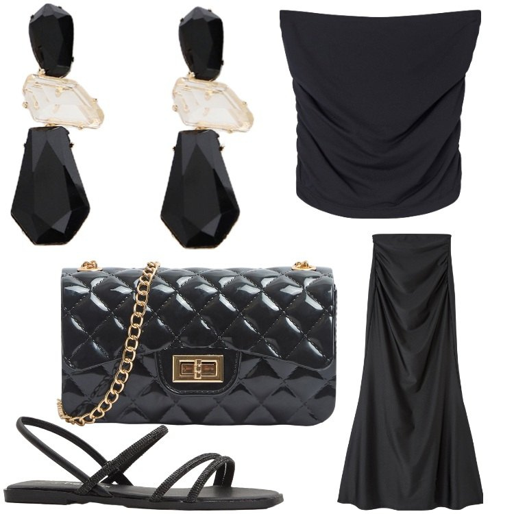 Outfit donna - Love me black. Stile Chic per Serata fuori. Abbinamento con sandali, gonne lunghe, top, borse a tracolla, orecchini.
