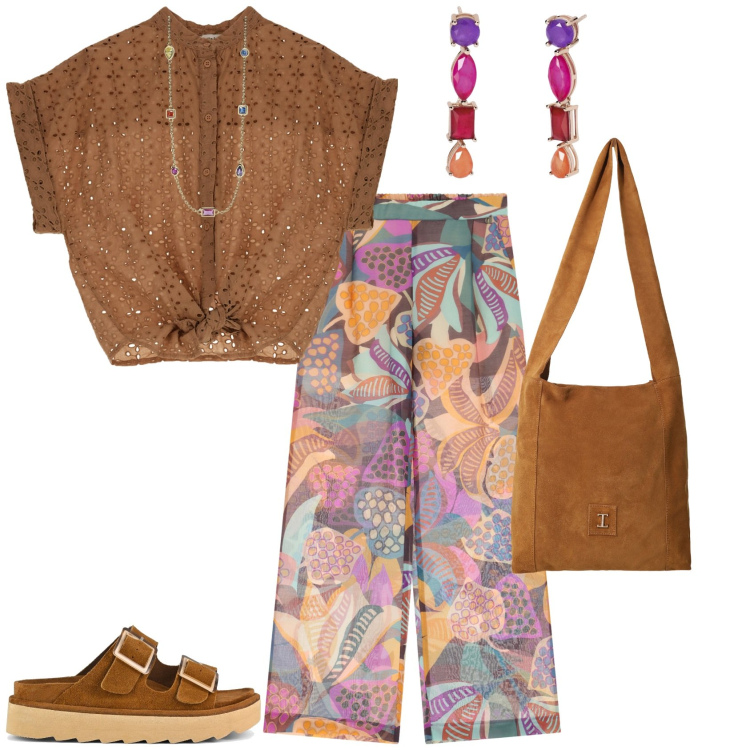 Outfit donna - Total look #2190676. Stile Etnico per Tutti i giorni. Abbinamento con collane, orecchini, borse a tracolla, pantaloni a palazzo, bluse, sandali in pelle.