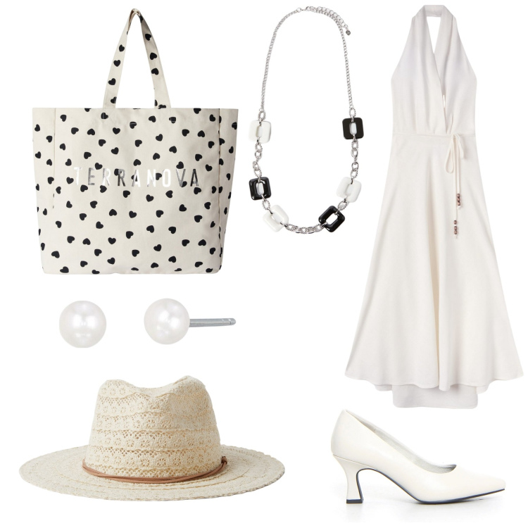 Outfit donna - Bianco retrò. Stile Vintage retrò per Serata fuori. Abbinamento con cappelli, borse tote, vestiti lunghi, orecchini, collane, décolleté.